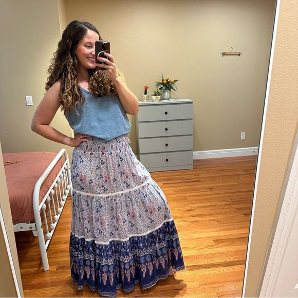 NWT Alicia Bell Blue Pink Boho Floral Cotton Silk Maxi Skirt Large - Picture 4 of 14